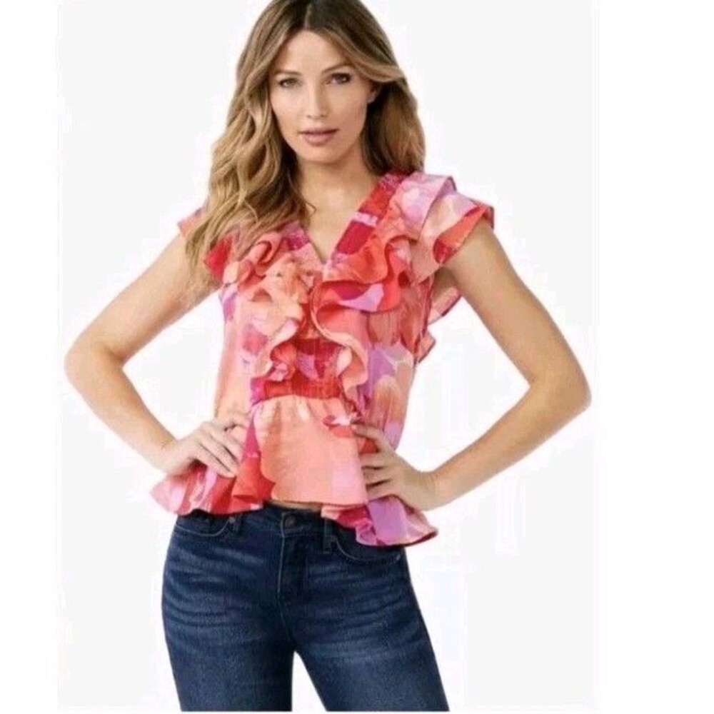 Sofia Jeans By Sofia Vergara Women's Short Sleeve Smocked Ruffle Top Size S
